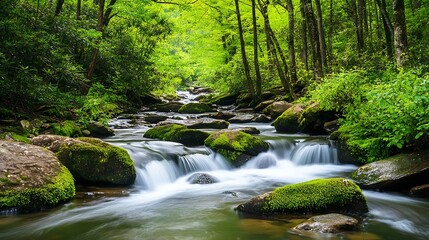 Naklejka premium Serene Stream Flowing Through Lush Green Forest with Rocks Tranquil Nature Landscape.