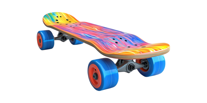 Colorful Longboard Skateboard With Blue Wheels. Vibrant Design For Skateboarding Enthusiasts Isolated On Transparent Background