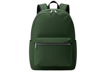 Isolated green backpack with front pocket, straps, and silver zippers for school and travel