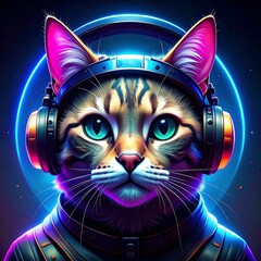 Futuristic cat wearing headphones in space