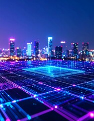 Futuristic city at night, overlaid with glowing circuit board