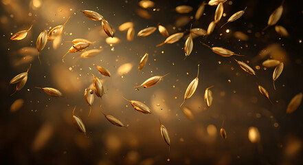 Golden grains of wheat or barley suspended in the air with soft warm light and bokeh effects