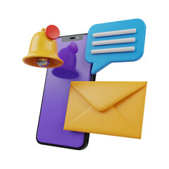 3d illustration of a smartphone with a notification bell chat bubble and email envelope icons symbolizing communication and alerts isolated on transparent background