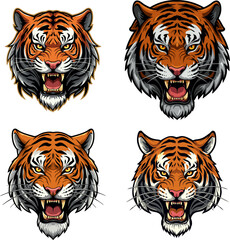 Dynamic collection of stylized tiger head illustrations, each depicting a fierce roar with open mouth and sharp fangs, conveying untamed wildlife spirit and strength