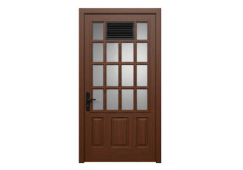 Obraz premium Isolated paneled wood door with glass panes, security features, and brown frame finish