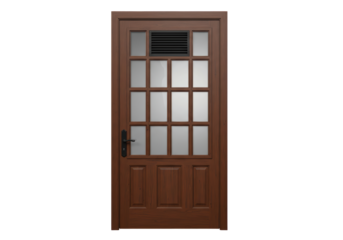 Isolated paneled wood door with glass panes, security features, and brown frame finish