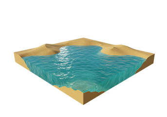 Isolated section of earth with a lake showing the different levels of sand and water cutaway