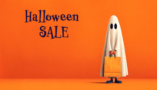 Halloween sale banner with ghost holding shopping bag on orange background. Concept of holiday discount, store promotion, and seasonal marketing poster