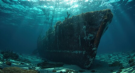 Rusty shipwreck rests on ocean floor, covered in marine vegetation. Sunlight filters through water, illuminating surrounding sea life. Scene captures underwater ecosystem beauty