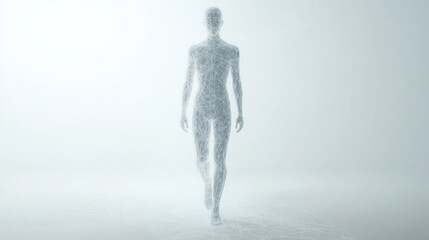 Digital figure walking, light-filled studio, ethereal atmosphere, use stock photo