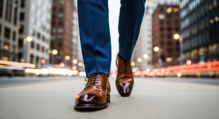 Man walks along busy city street in stylish brown dress shoes. The setting sun casts warm glow on high-rise buildings. Motion blurred cars pass by, creating dynamic urban atmosphere