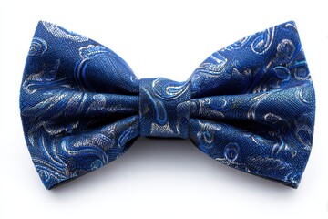 An isolated blue bow tie on a white backdrop