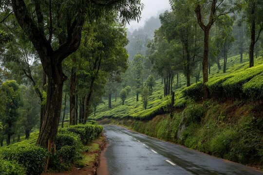 An isolated path dividing the tea plantation in Nelliyampathy