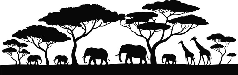 African safari silhouette with elephants, giraffes, acacia trees, wildlife landscape, nature scene, savannah animals, tropical forest, animal herd, black 