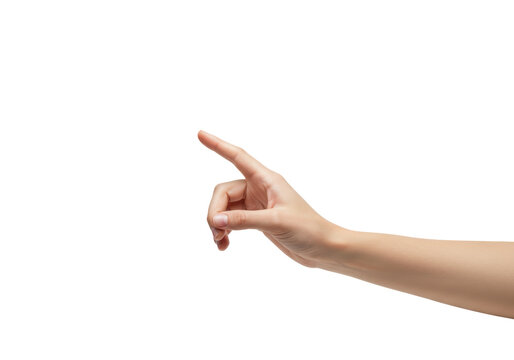 Isolated hand gesturing toward an invisible screen or object, arm extended out