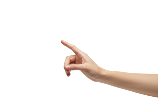 Isolated hand gesturing toward an invisible screen or object, arm extended out