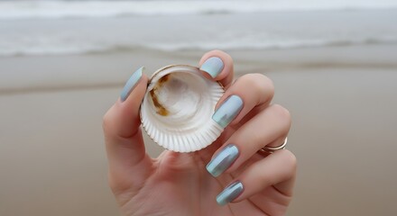 Shimmering Blue Nails Grasping a Ribbed Seashell on a Softly Blurred Ocean Shore.