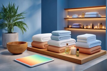 Spa essentials with towels, candles, and tablet in modern setting