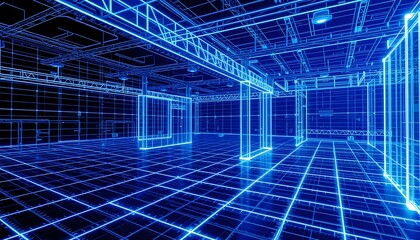 Blue wireframe rendering of a large, empty industrial space with a grid floor and structural supports.