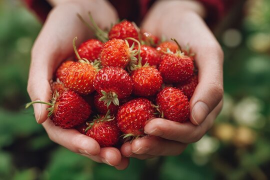 A woman s hands grasp big ripe wild strawberries - Powered by Adobe