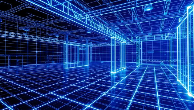 Blue wireframe rendering of a large, empty industrial space with a grid floor and structural supports.