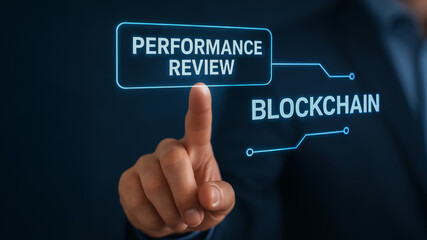 Blockchain performance review in hr technology concept with hand touching digital interface