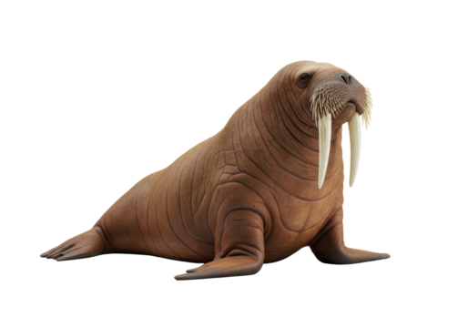 Isolated Walrus Lying Down Close Up With Large Tusks And Whiskers With Detailed Wrinkled Skin