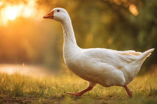 A white goose strolls through a summer meadow in the countryside