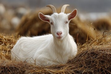 Obraz premium A white goat resting on a haystack against a natural backdrop