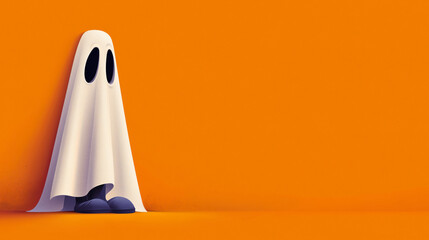 Minimalist halloween ghost costume on orange background with copy space. Concept of spooky holiday poster, festive flyer, and seasonal design