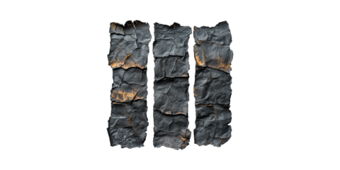 Cracked Charcoal Texture Forming Number Three. Symbolic Representation Of Natural Elements Isolated On Transparent Background