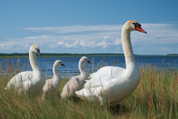 Obraz premium A group of white swans on lakeside grass under a blue sky