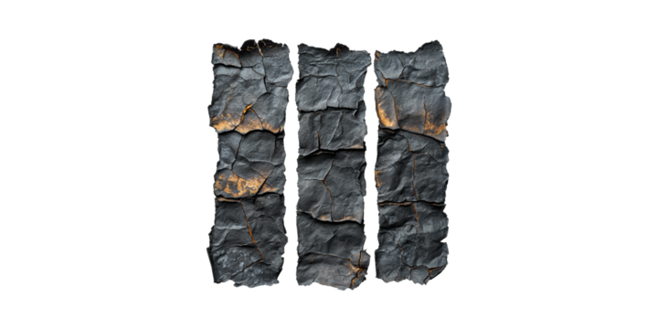 Cracked Charcoal Texture Forming Number Three. Symbolic Representation Of Natural Elements Isolated On Transparent Background