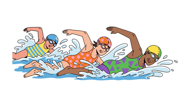 Trio of Swimmers: A dynamic illustration of three swimmers cutting through the water with determination and grace, celebrating the essence of aquatic competition.