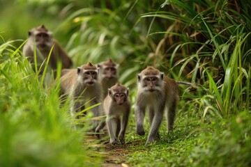 Naklejka premium A group of macaques frolicking in nature