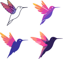 Vibrant collection of four stylized hummingbird illustrations, each showcasing unique colorful wings with geometric patterns and smooth gradients, perfect for diverse design projects and branding