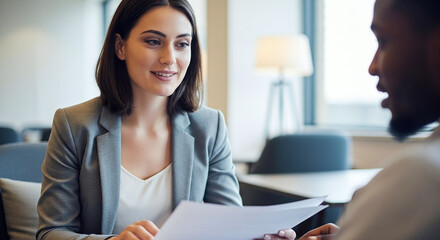 Woman in blazer holding paperwork during a meeting with a man in a bright office setting indoors