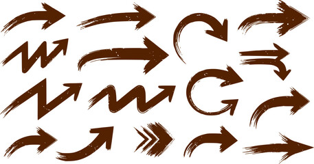 Creative arrows in grunge style, vector collection, beautiful and stylish. Bold arrows, graphic set of isolated elements from brush strokes, thick pointers isolated collection. 