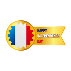A celebratory graphic of the French flag inside a golden badge with a ribbon wishing a Happy Independence Day.