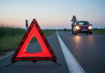 Red warning triangle on the road with a car and a woman on the phone in the background at dusk