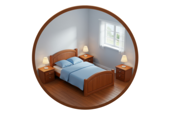 Isolated cozy bedroom with wooden furniture, bedside lamps and window with curtains