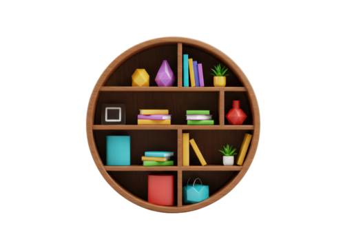 Isolated circular bookshelf on the wall filled with books and decorations for the home