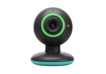 Isolated webcam showing a modern video call device with green trim and a dark finish