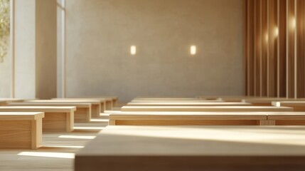 Modern minimalist wooden meeting room, sunlight, empty benches
