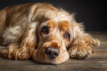 A Golden Cocker Spaniel resting on wood