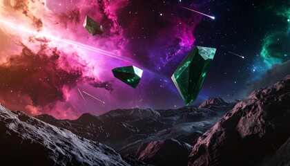 Emerald crystals float amidst a nebula landscape