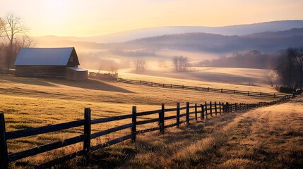 Peaceful sunrise over rolling farmland with golden fields and morning mist