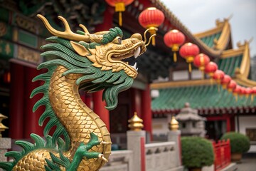 Fototapeta premium Golden guardian dragon statue decorating the roof of an ancient Buddhist temple in Bangkok, Thailand