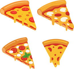 Vibrant illustration featuring a tempting assortment of four delicious pizza slices with rich melted cheese and popular toppings, ideal for culinary designs