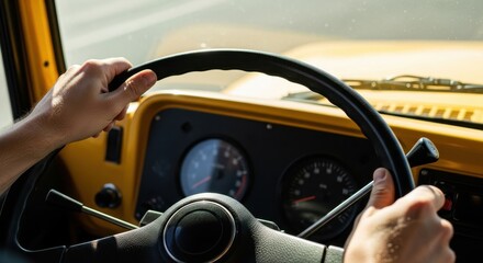 Driver's hands firmly hold steering wheel of vintage yellow vehicle while navigating a sunny road. Dashboard features gauges displaying speed and fuel, capturing an adventurous moment